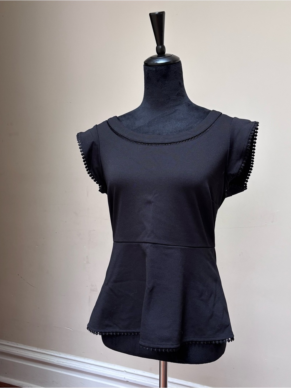 Ann Taylor Black Peplum Top with Ponte Ball Trim
